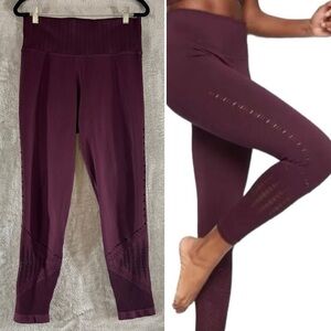 ATHLETA Halasana Laser Cut Mesh Leggings Size Medium Auberge Maroon Burgundy